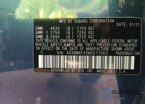 2021 Subaru Legacy Premium z USA, uszkodzony, nr VIN 4S3BWAF62M3011563